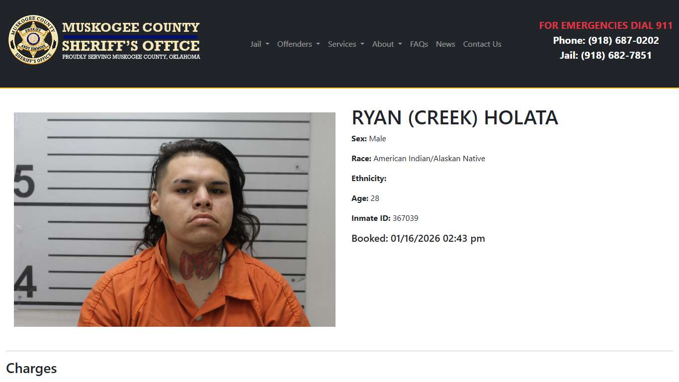RYAN HOLATA Booked at the Muskogee County Jail